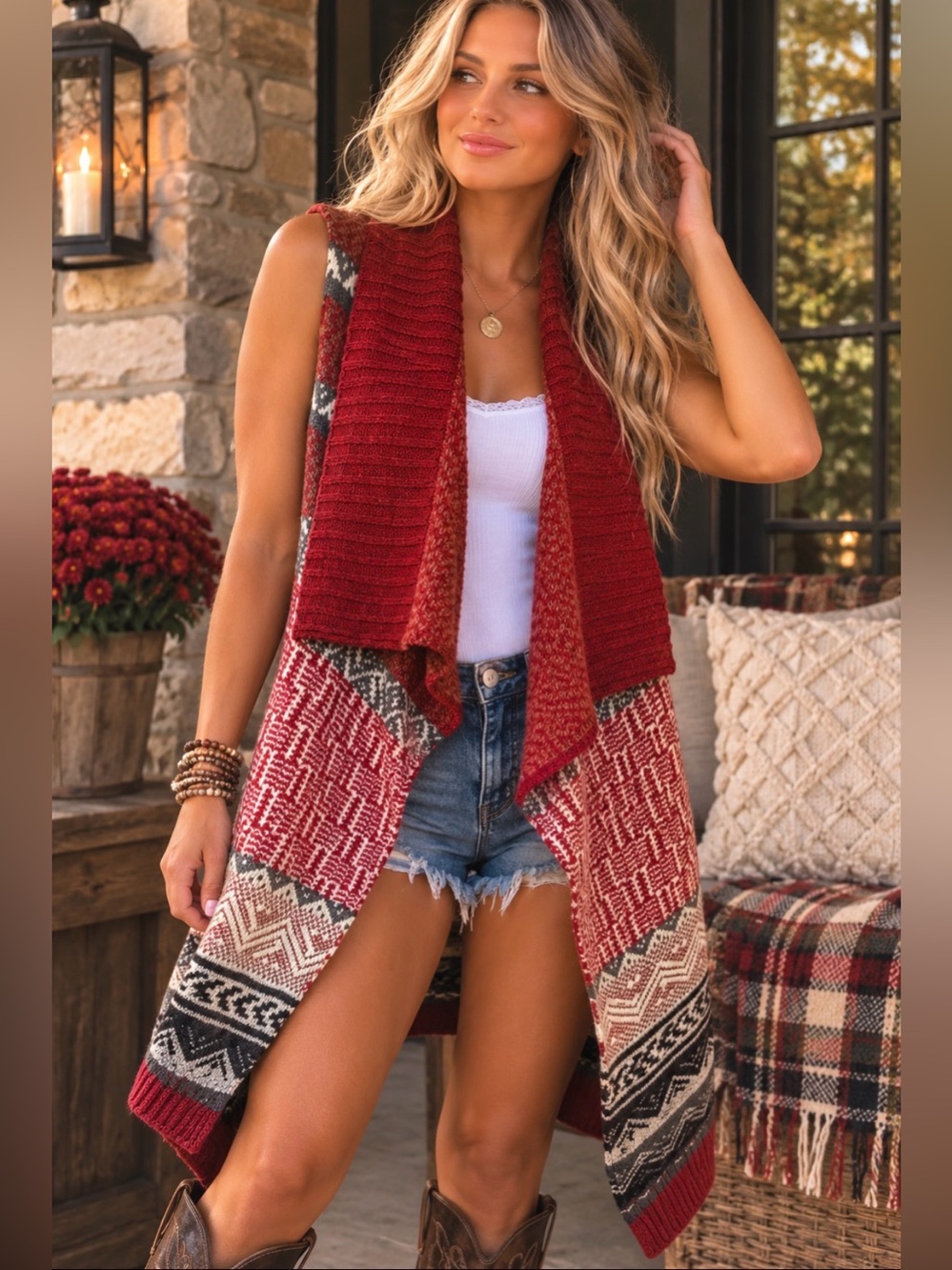 GH Bass Cardigan sweater vest Red Aztec Southwestern Open Front Long duster S - Picture 2 of 9